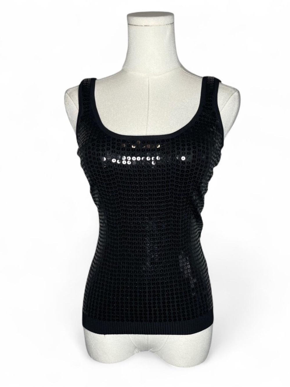 Y2K Vintage Bebe Black Sequin Stretch Knit Going Out Tank Top Size XS